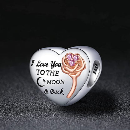 I Love You to The Moon and Back Heart Sterling Silver Charm Hallmarked S925 for Charm Bracelet and Necklace