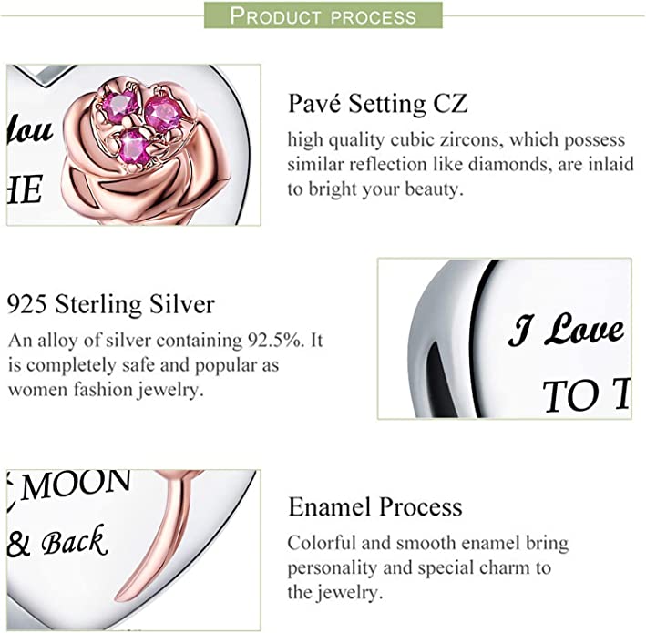 I Love You to The Moon and Back Heart Sterling Silver Charm Hallmarked S925 for Charm Bracelet and Necklace