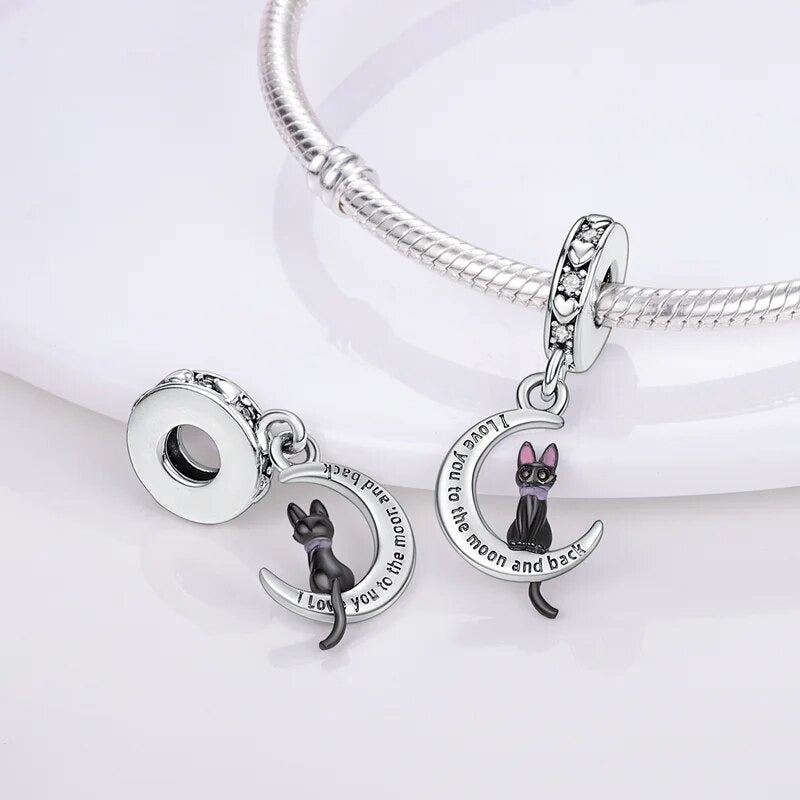 I Love You to the Moon and Back Cat Charm for Bracelet, S925 Sterling Silver