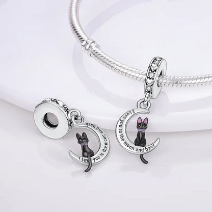 I Love You to the Moon and Back Cat Sterling Silver Charm Hallmarked S925 for Charm Bracelet and Necklace