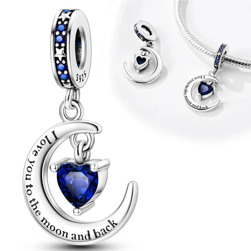 I Love You to the Moon and Back Heart Charm for Bracelet, S925 Sterling Silver
