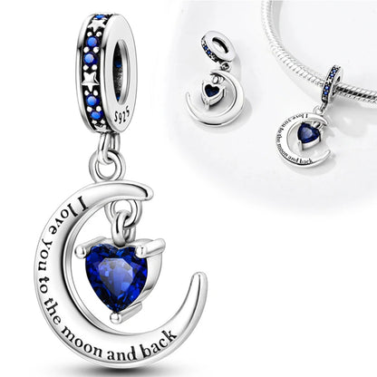 I Love You to the Moon and Back Heart Sterling Silver Charm Hallmarked S925 for Charm Bracelet and Necklace