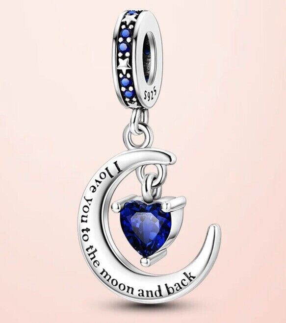 I Love You to the Moon and Back Heart Charm for Bracelet, S925 Sterling Silver