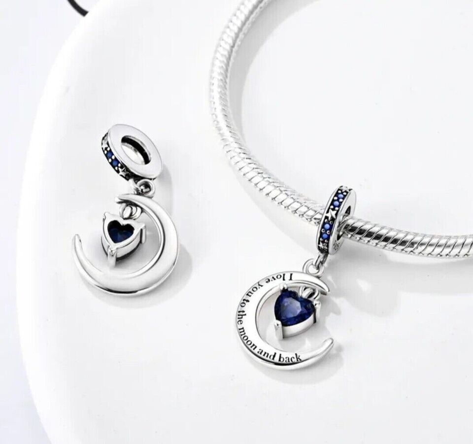 I Love You to the Moon and Back Heart Charm for Bracelet, S925 Sterling Silver