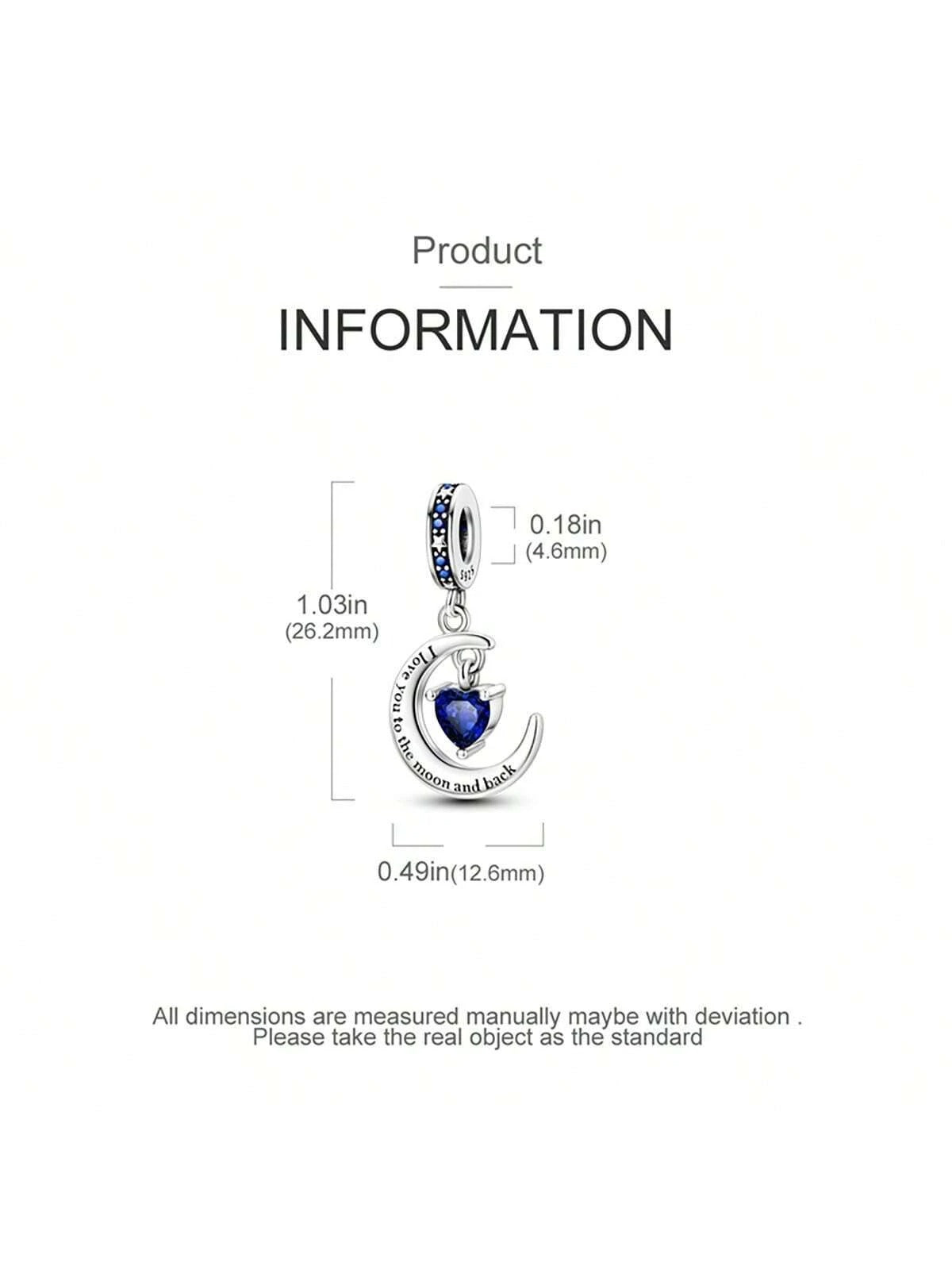 I Love You to the Moon and Back Heart Charm for Bracelet, S925 Sterling Silver