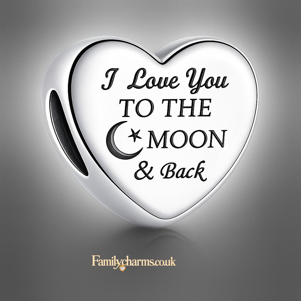 I Love You to The Moon and Back Love Heart Sterling Silver Dangle Charm Hallmarked S925 for Charm Bracelet and Necklace