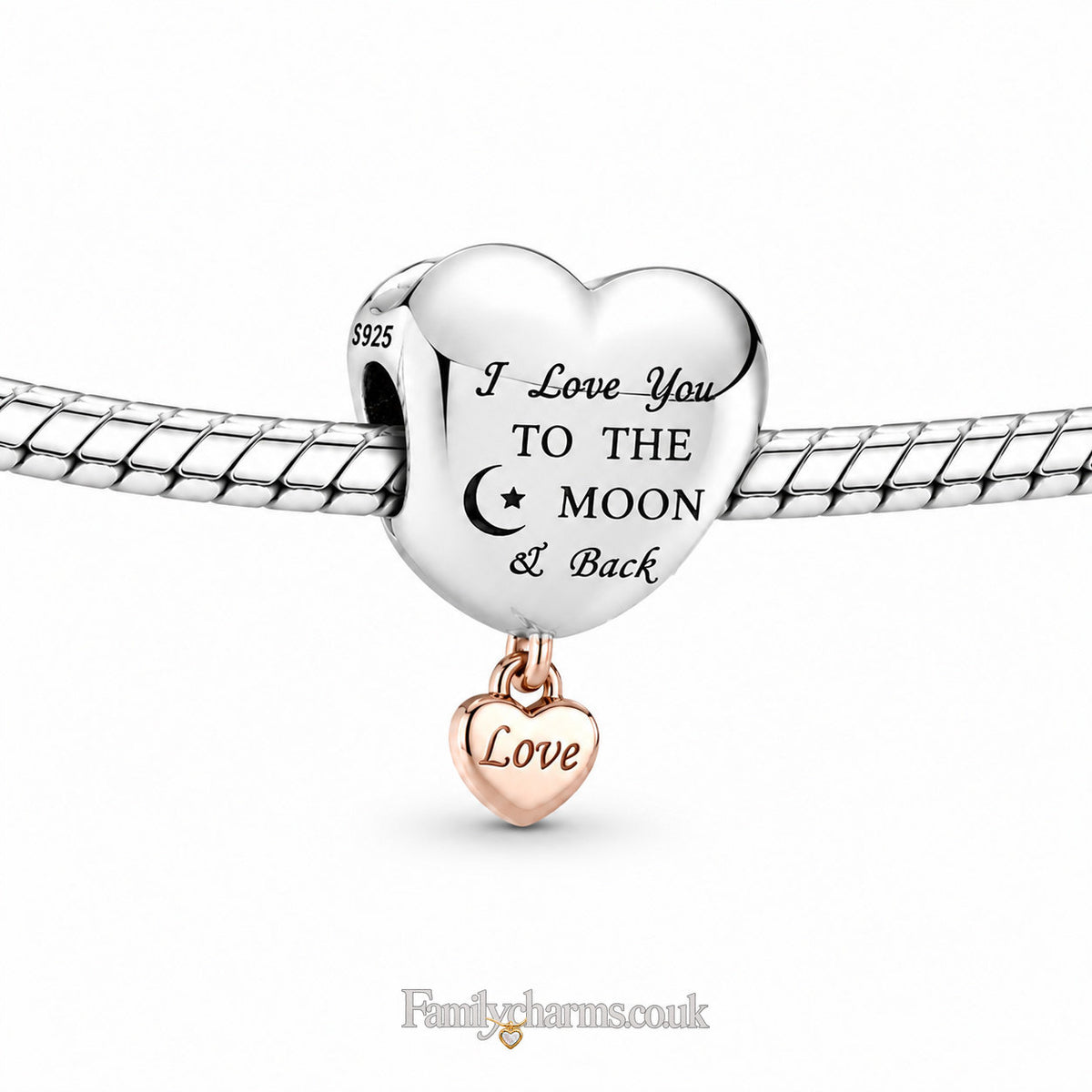 I Love To The Moon and Back Love Charm Bead Sterling Silver Charm Hallmarked S925 for Charm Bracelet and Necklace