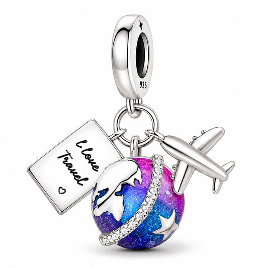 I Love Travel Globe Dangle Sterling Silver Charm Hallmarked S925 for Charm Bracelet and Necklace