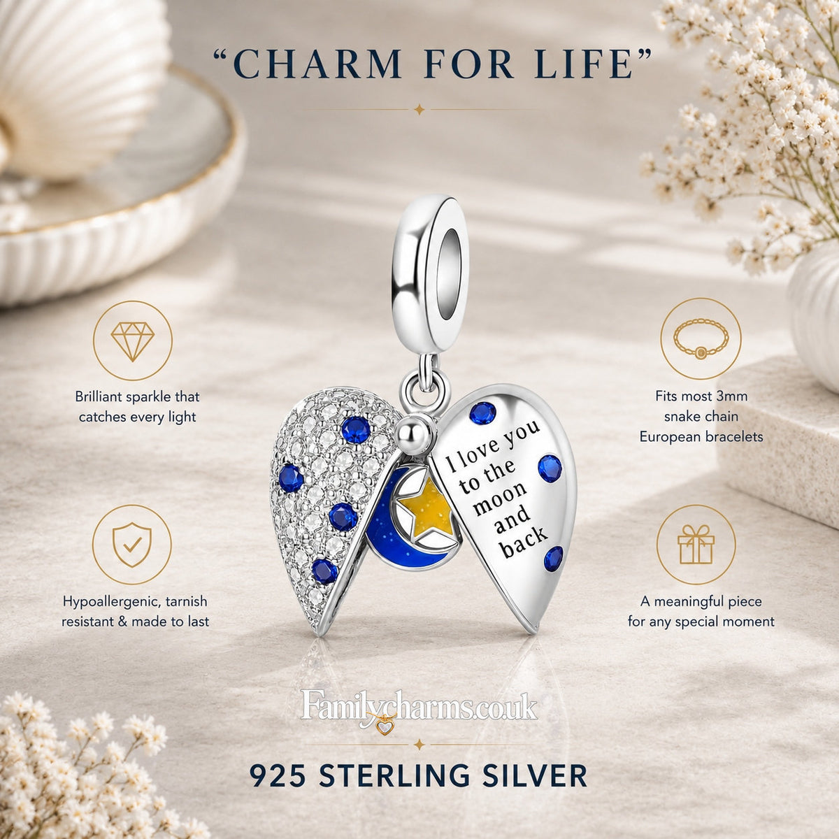 I Love You to the Moon and Back Openable Heart Sterling Silver Charm Hallmarked S925 for Charm Bracelet and Necklace