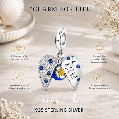 I Love You to the Moon and Back Openable Heart Sterling Silver Charm Hallmarked S925 for Charm Bracelet and Necklace