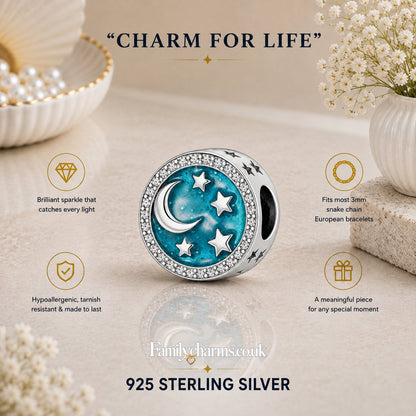 I Love You to the Moon and Back Blue Charm for Bracelet, S925 Sterling Silver