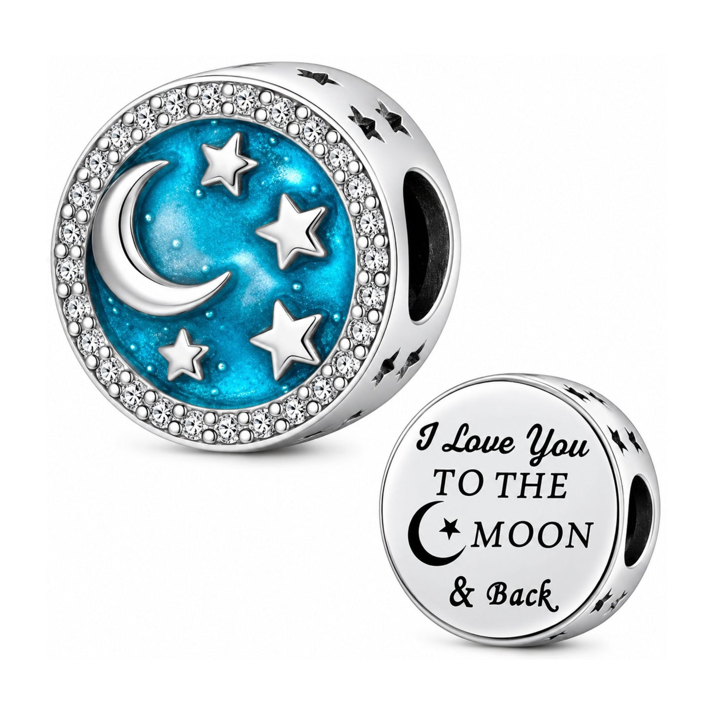 I Love You to the Moon and Back Blue Charm for Bracelet, S925 Sterling Silver