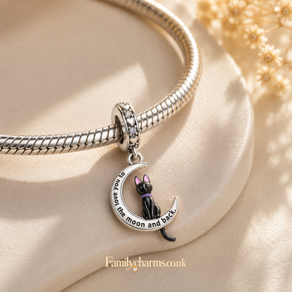 I Love You to the Moon and Back Cat Sterling Silver Charm Hallmarked S925 for Charm Bracelet and Necklace