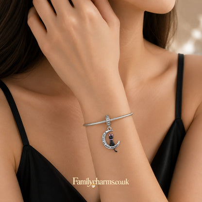 I Love You to the Moon and Back Cat Sterling Silver Charm Hallmarked S925 for Charm Bracelet and Necklace