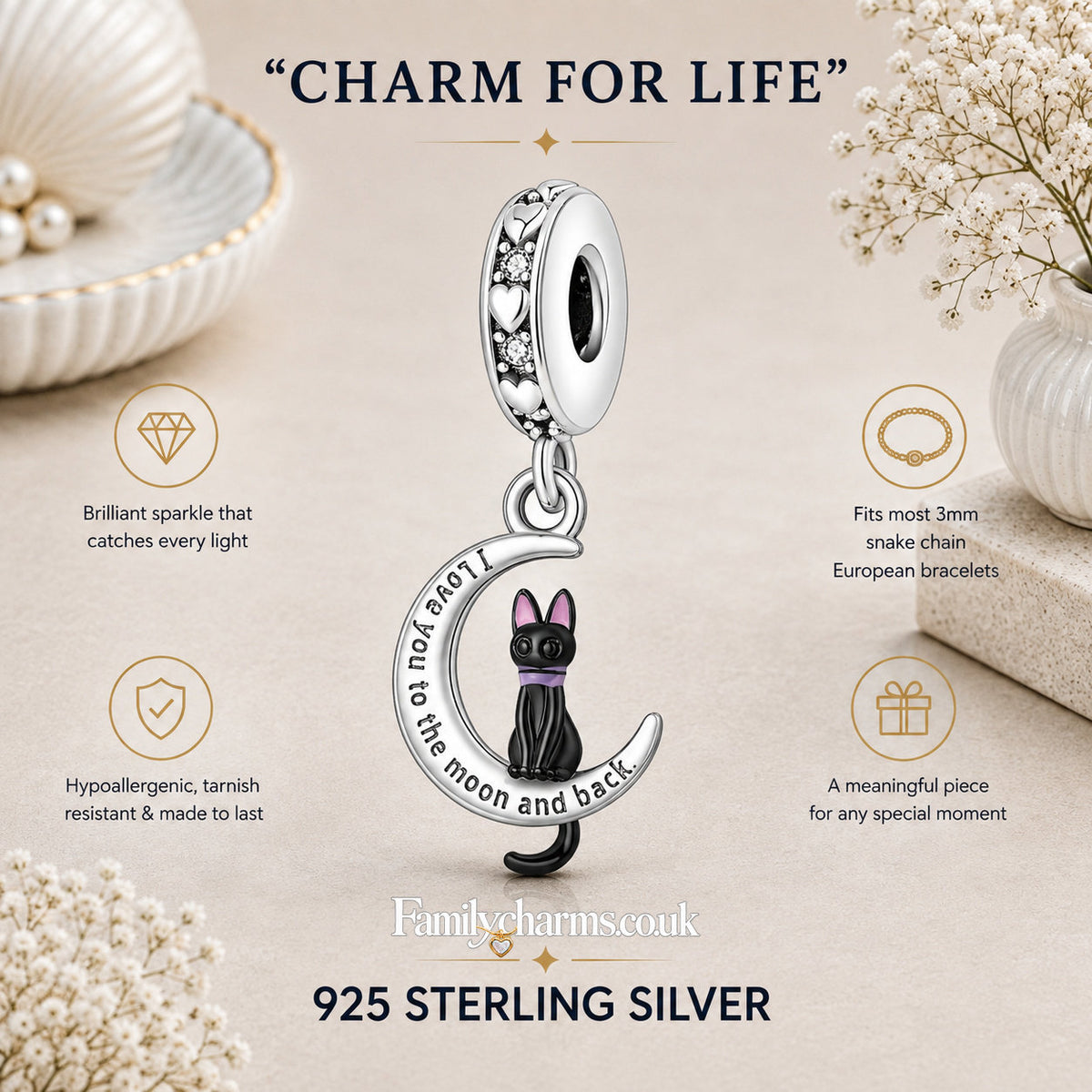 I Love You to the Moon and Back Cat Sterling Silver Charm Hallmarked S925 for Charm Bracelet and Necklace