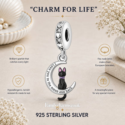 I Love You to the Moon and Back Cat Sterling Silver Charm Hallmarked S925 for Charm Bracelet and Necklace