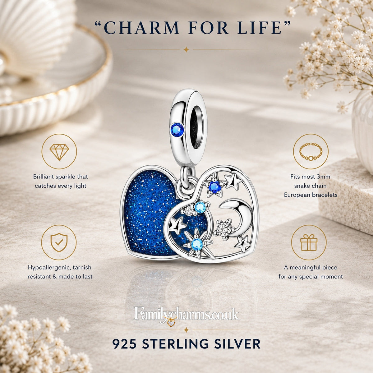 I Told The Stars About Your - Moon Stars Charm Hallmarked S925 for Charm Bracelet and Necklace