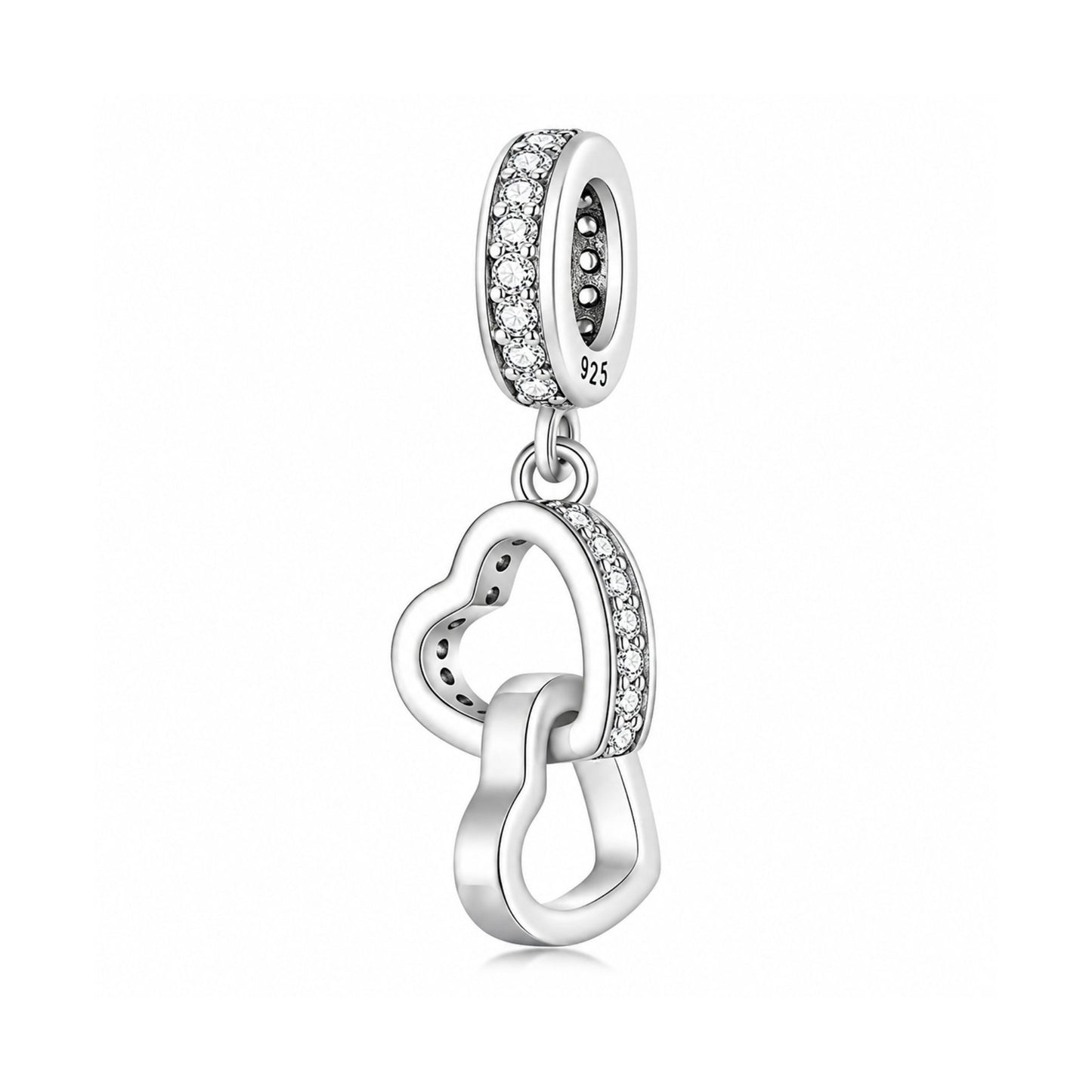 Interlocked Double Hearts Pendant Charm Hallmarked S925 for Charm Bracelet and Necklace