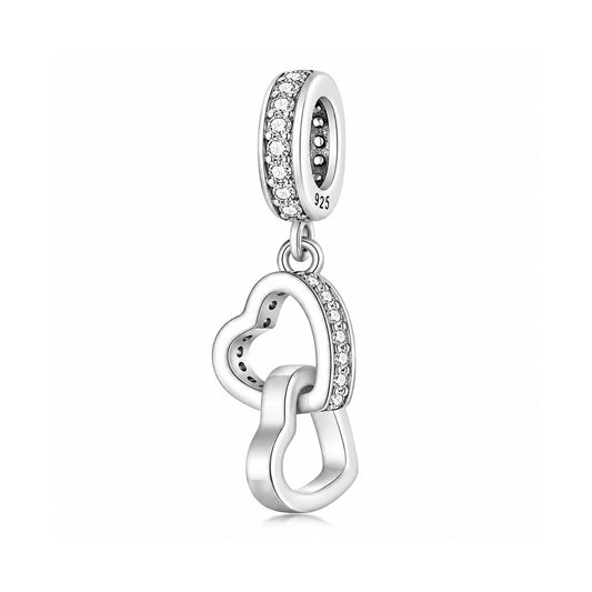Interlocked Double Hearts Pendant Charm Hallmarked S925 for Charm Bracelet and Necklace