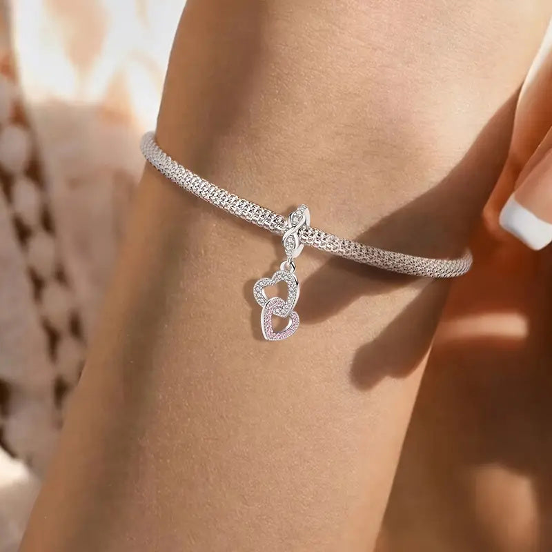 Interlocking Heart Dangle Sterling Silver Charm Hallmarked S925 for Charm Bracelet and Necklace