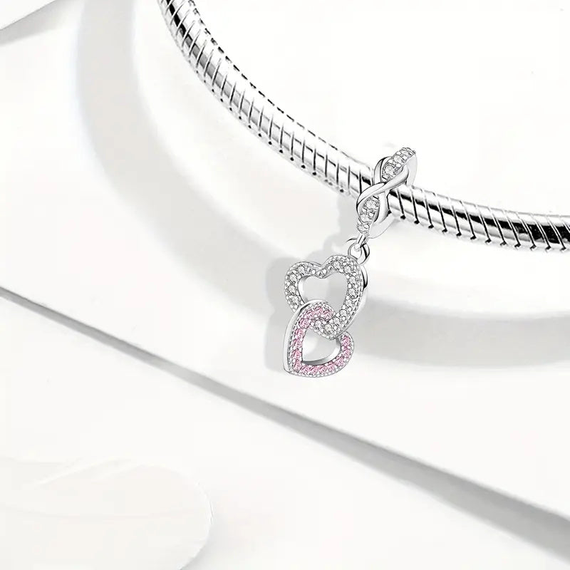 Interlocking Heart Dangle Sterling Silver Charm Hallmarked S925 for Charm Bracelet and Necklace