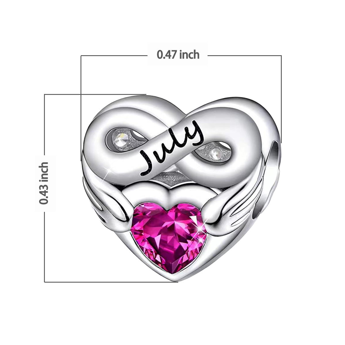 July Birthstone Months Heart Charm for Bracelet, S925 Sterling Silver