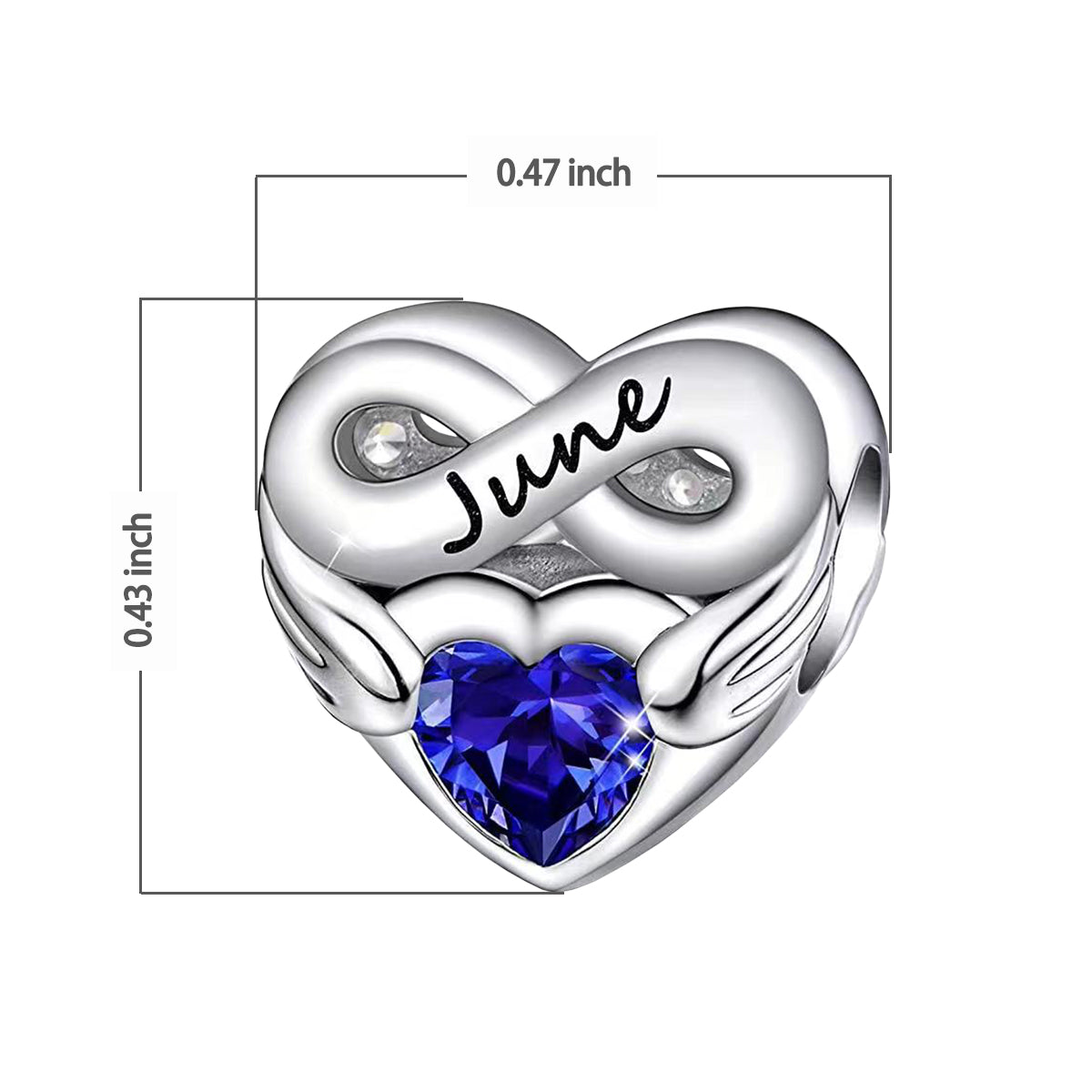June Birthstone Months Heart Charm for Bracelet, S925 Sterling Silver
