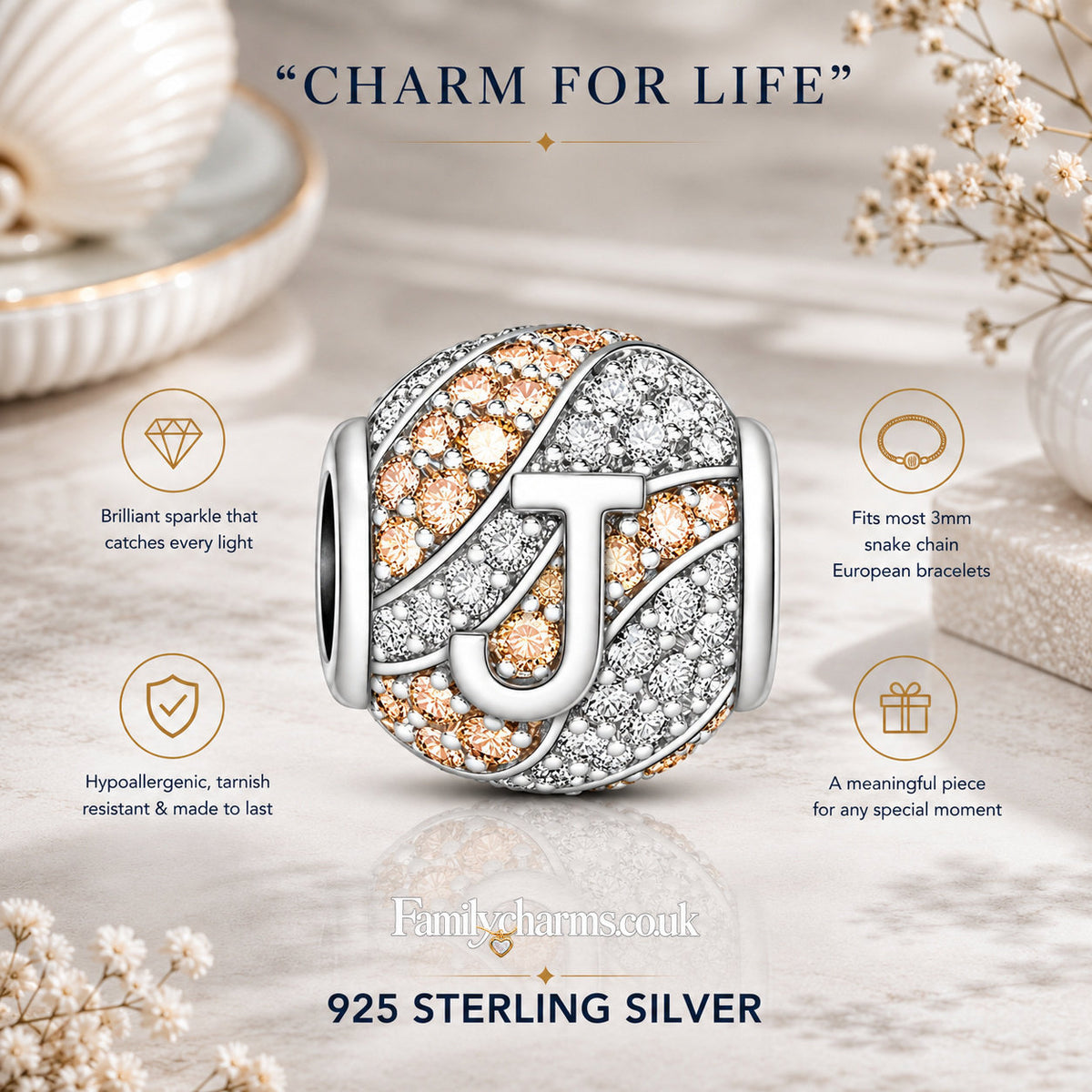 Alphabets Letter J Sterling Silver Charm Hallmarked S925 for Charm Bracelet and Necklace