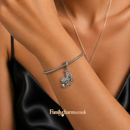 Classic Alphabet Letters A to Z Sterling Silver Dangle Charm Hallmarked S925 for Charm Bracelet and Necklace