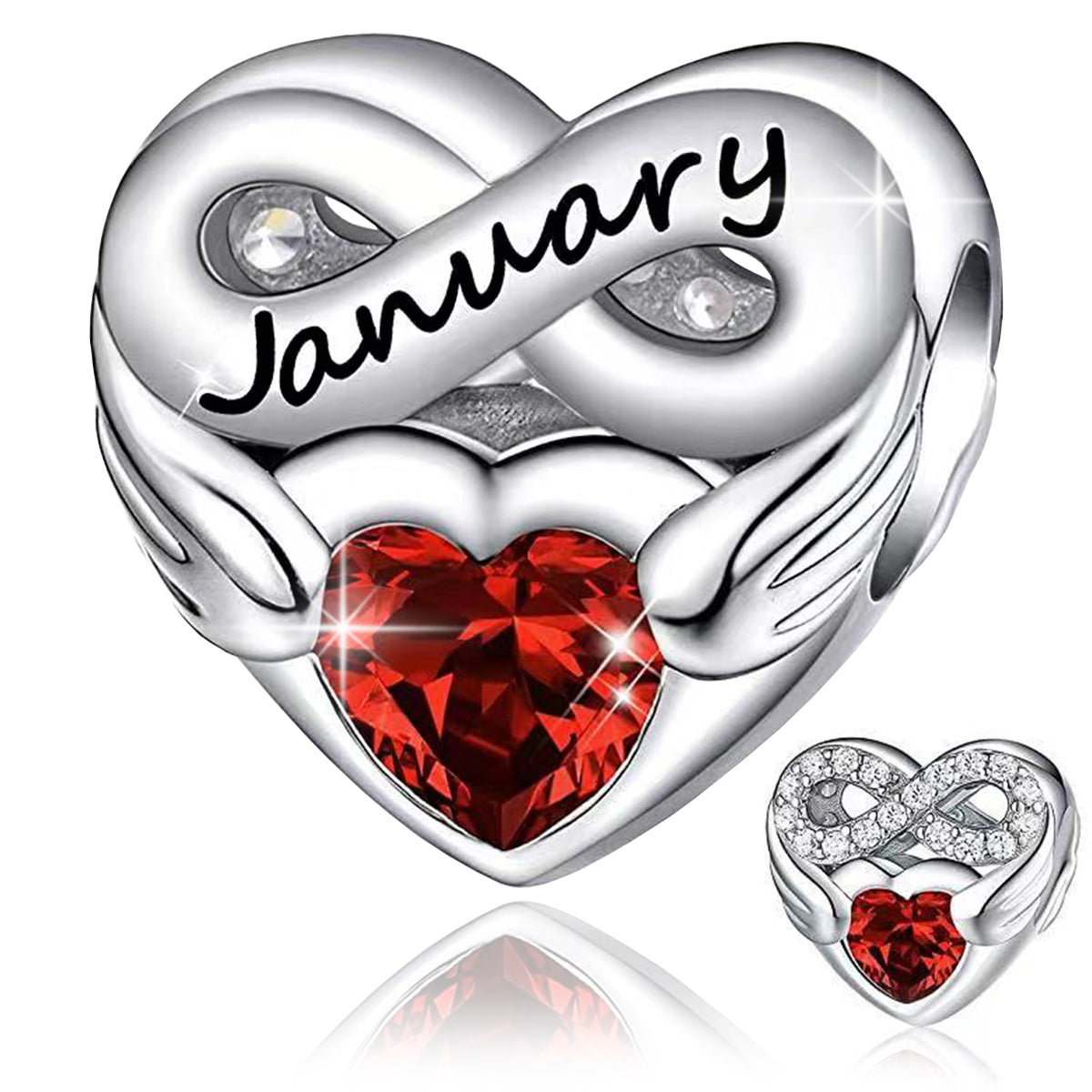 January Birthstone Months Heart Charm for Bracelet, S925 Sterling Silver