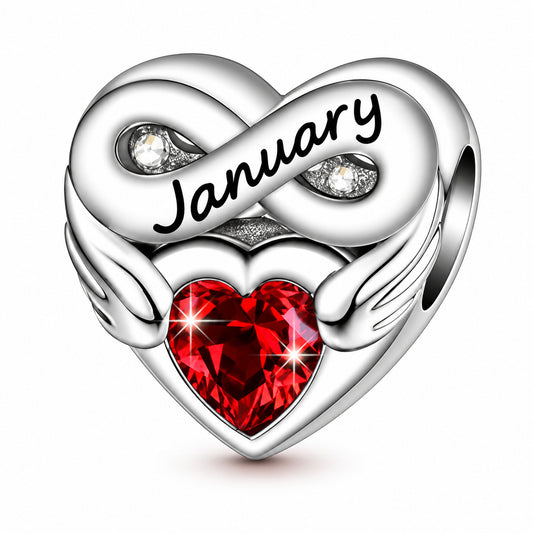 January Birthstone Months Heart Charm for Bracelet, S925 Sterling Silver