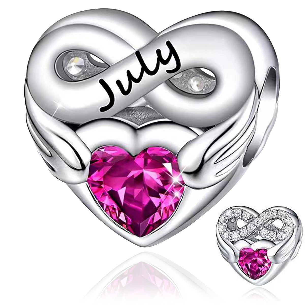 July Birthstone Months Heart Charm for Bracelet, S925 Sterling Silver