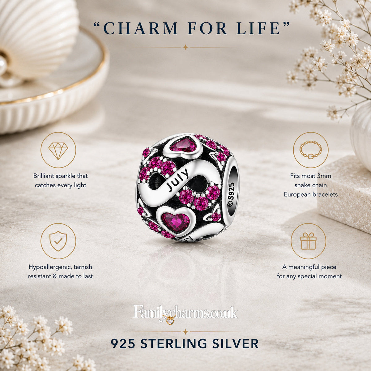 July Birthstone Infinity Birthday Bead Sterling Silver Charm Hallmarked S925 for Charm Bracelet and Necklace