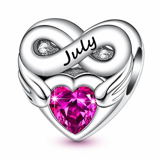 July Birthstone Months Heart Charm for Bracelet, S925 Sterling Silver