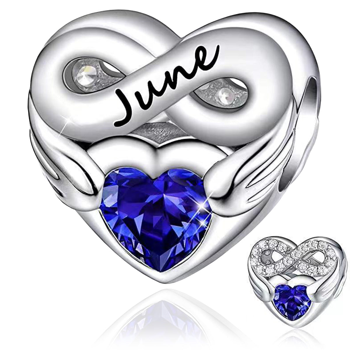 June Birthstone Months Heart Charm for Bracelet, S925 Sterling Silver