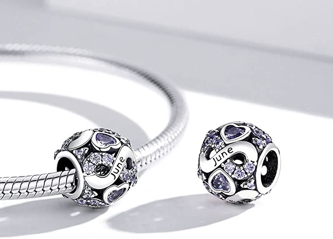 June Birthstone Infinity Birthday Bead Charm for Bracelet, S925 Sterling Silver