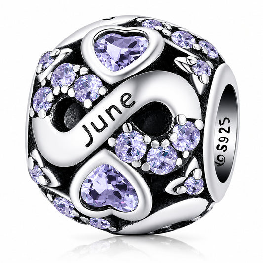 June Birthstone Infinity Birthday Bead Charm for Bracelet, S925 Sterling Silver