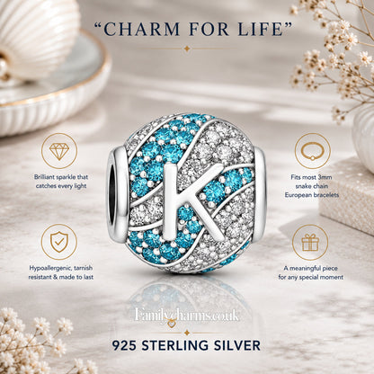 Alphabets Letter K Sterling Silver Charm Hallmarked S925 for Charm Bracelet and Necklace