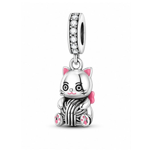 Kitten Yarn Ball Dangle Sterling Silver Charm Hallmarked S925 for Charm Bracelet and Necklace