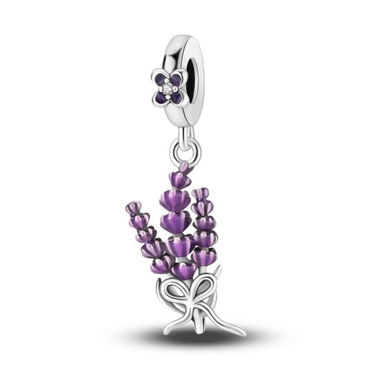 Lavender Flower Dangle Charm for Bracelet, S925 Sterling Silver