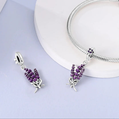 Lavender Flower Dangle Sterling Silver Charm Hallmarked S925 for Charm Bracelet and Necklace