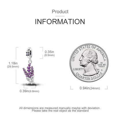 Lavender Flower Dangle Sterling Silver Charm Hallmarked S925 for Charm Bracelet and Necklace