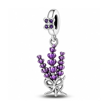 Lavender Flower Dangle Sterling Silver Charm Hallmarked S925 for Charm Bracelet and Necklace