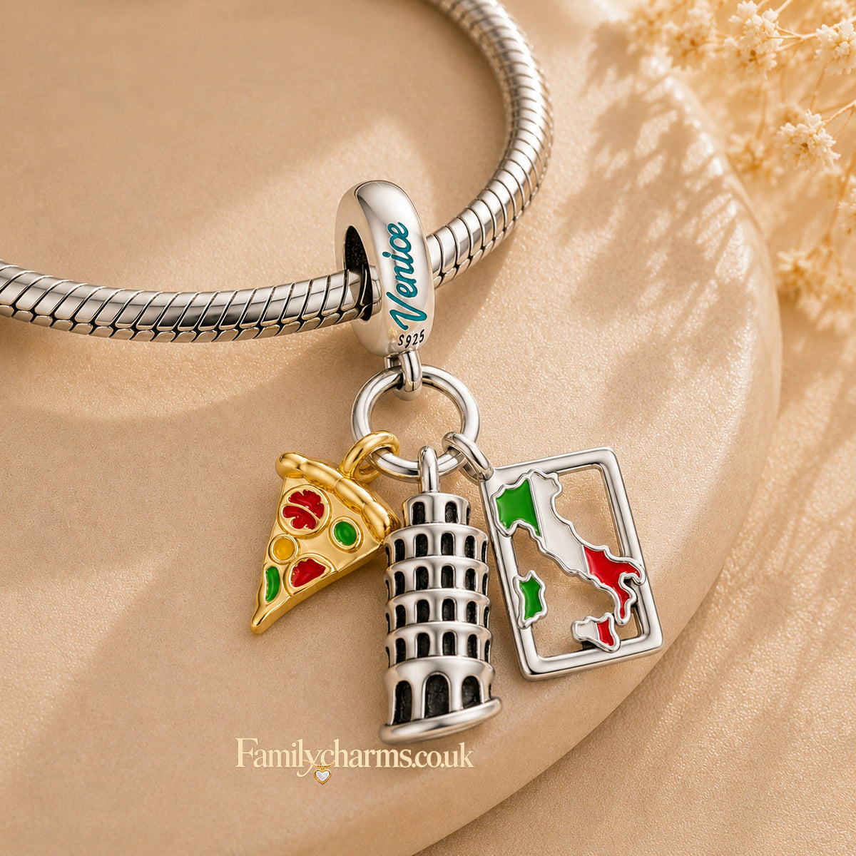 Leaning Tower of Pisa Italy Travel Charm Charm Hallmarked S925 for Charm Bracelet and Necklace