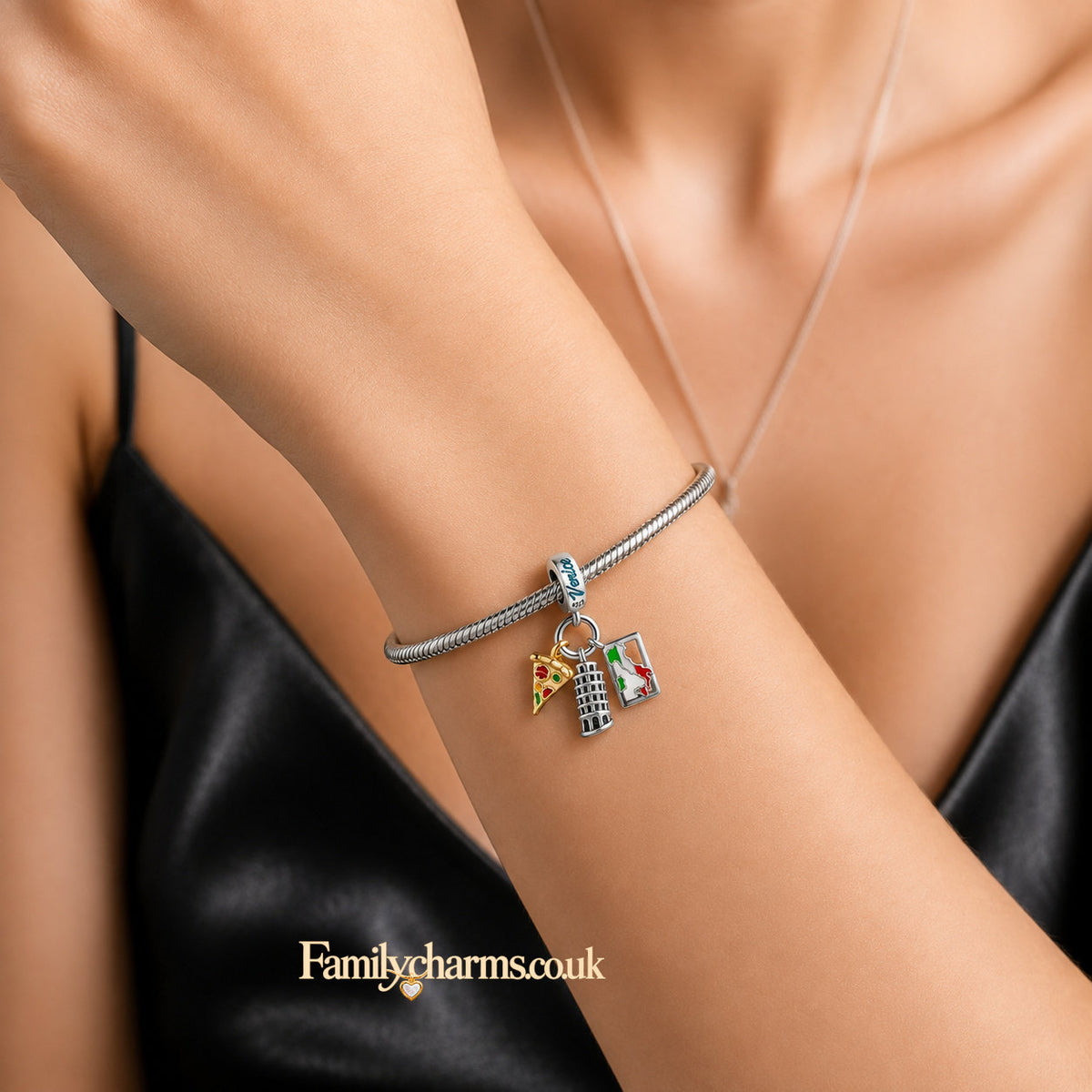 Leaning Tower of Pisa Italy Travel Charm Charm Hallmarked S925 for Charm Bracelet and Necklace