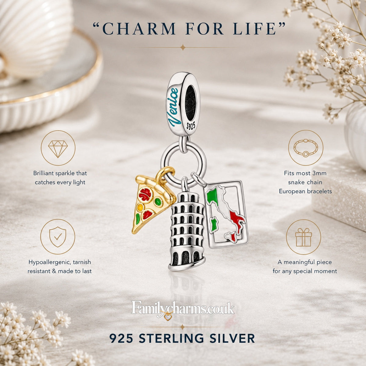 Leaning Tower of Pisa Italy Travel Charm Charm Hallmarked S925 for Charm Bracelet and Necklace