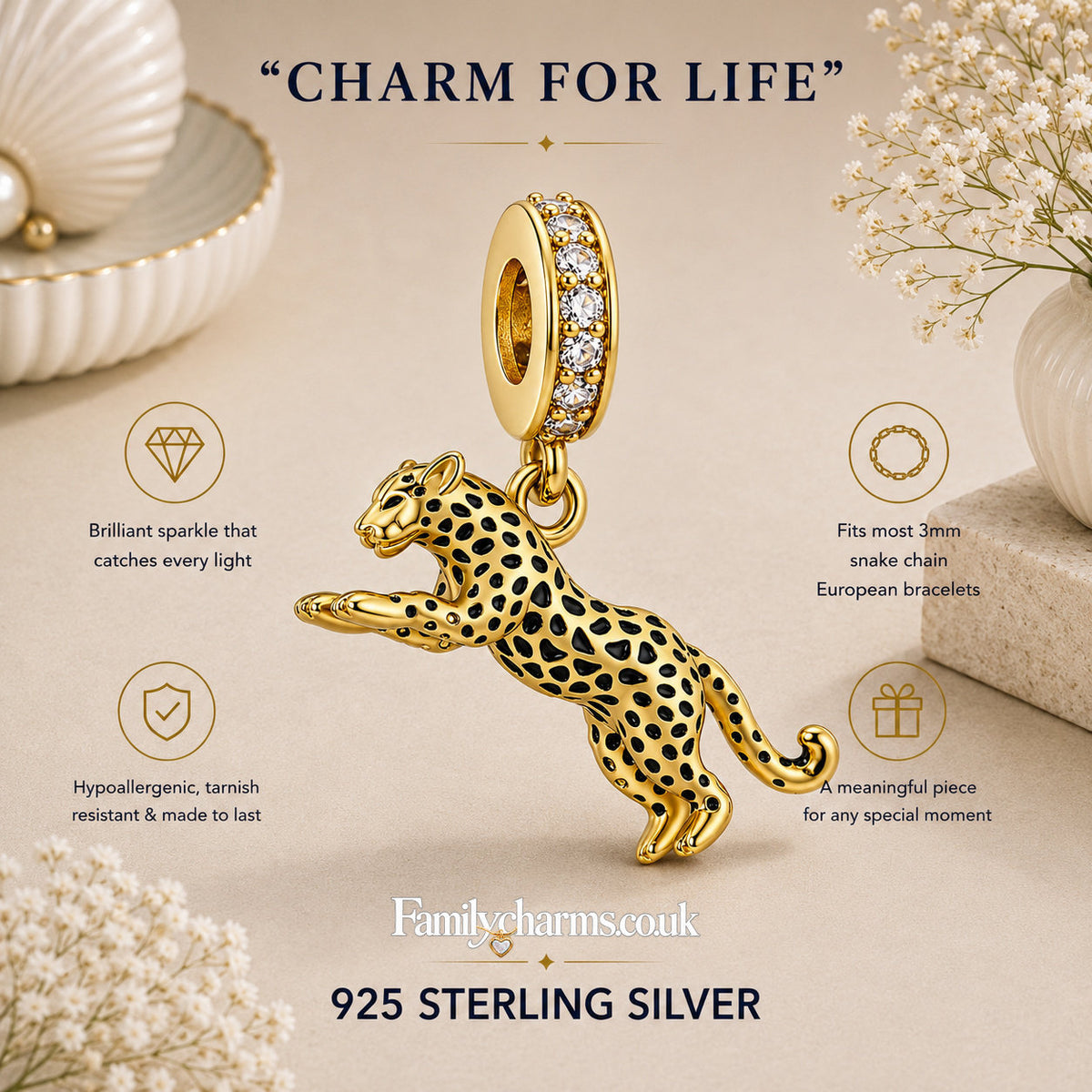 Leopard Dangle Sterling Silver Charm Hallmarked S925 for Charm Bracelet and Necklace