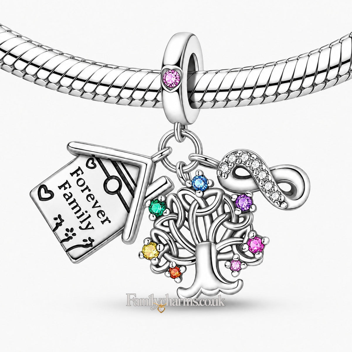 Life Tree Forever Family House Infinity Love Charm Hallmarked S925 for Charm Bracelet and Necklace