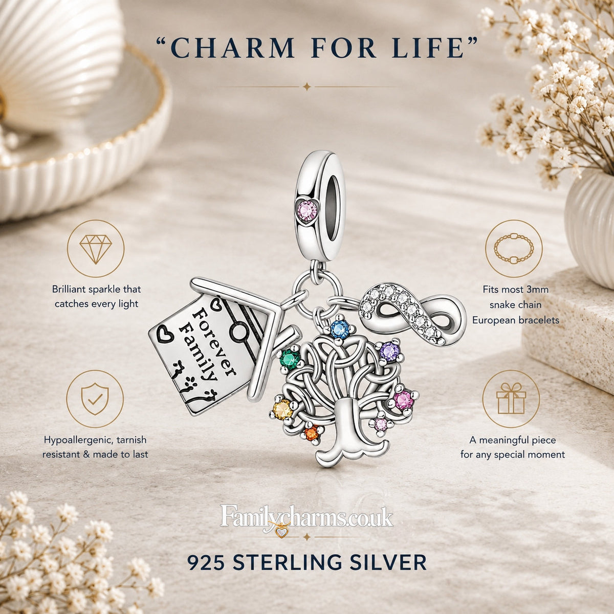 Life Tree Forever Family House Infinity Love Charm Hallmarked S925 for Charm Bracelet and Necklace