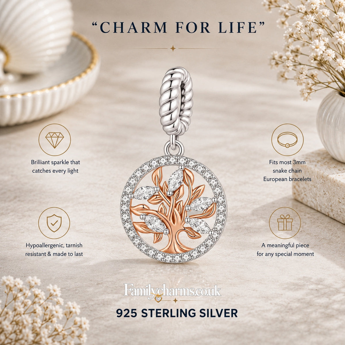 Life Tree Hollow Round Pendant Charm Hallmarked S925 for Charm Bracelet and Necklace